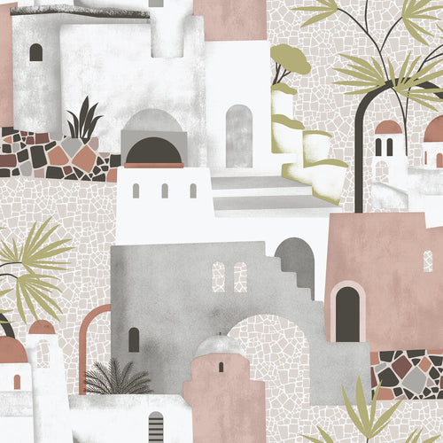 Sanders & Sanders behang mediterrane huisjes oudroze, grijs en wit - 53 cm x 10 m - 640079 - vtwonen shop