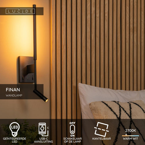 Lucide wandlamp FINAN - Geïntegreerde LED - Zwart