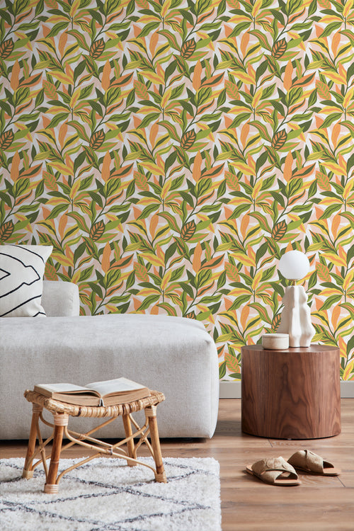 ESTAhome behang tropische bladeren groen, oranje en geel - 50 x 900 cm - 131040