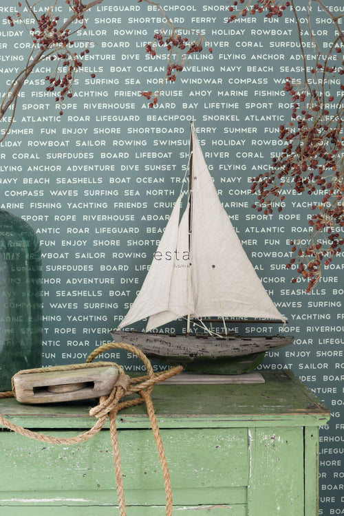ESTAhome behang maritieme strandteksten vergrijsd groen - 53 cm x 10.05 m - 138960