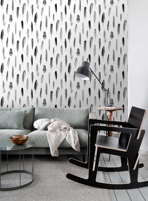 ESTAhome behang veren zwart en mat wit - 53 cm x 10.05 m - 138897