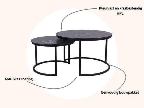 MaximaVida ronde salontafel set Firenze 58 en 45 cm - zwart HPL marmer look - vtwonen shop