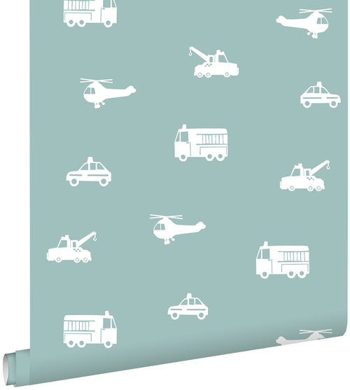 ESTAhome behang auto's, brandweerauto's, helikopters en kranen blauw 53 cm x 10.05 m 128864