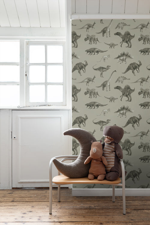 ESTAhome behang dinosaurussen vergrijsd groen - 50 x 900 cm - 131205