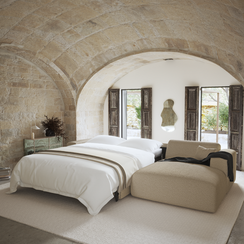 Sia Home - Rechthoekige hoekbank die als bed kan worden gebruikt MYRA - bouclé-stof mol 299cm