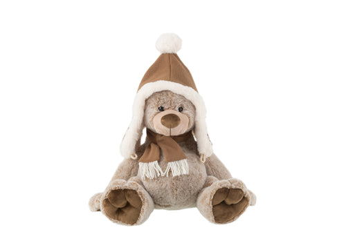 J-Line knuffel Beer + Muts - polyester - bruin - medium