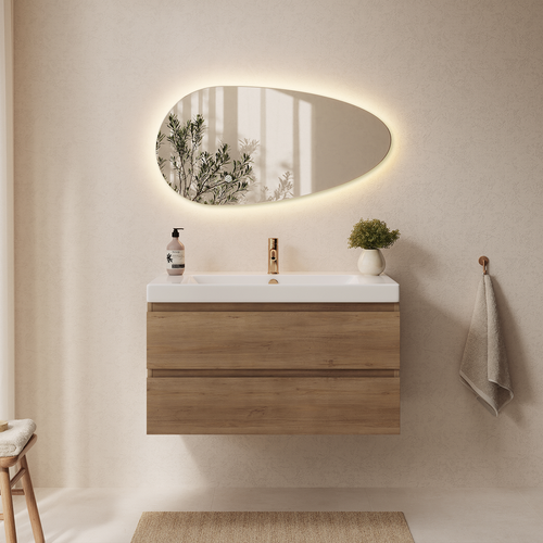 LOMAZOO badkamerspiegel Adana - organisch - met LED verlichting & spiegelverwarming - asymmetrisch - 80 x 40.6 cm