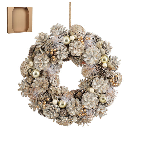 Mica Decorations Hanley Kerstkrans met Dennenappels - H9 x Ø34 cm - Wit