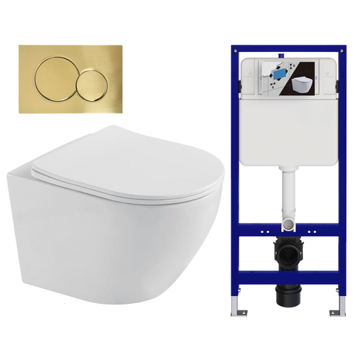 LOMAZOO hangtoiletset Linea - met inbouwreservoir & ronde drukplaat - rond - goud / wit
