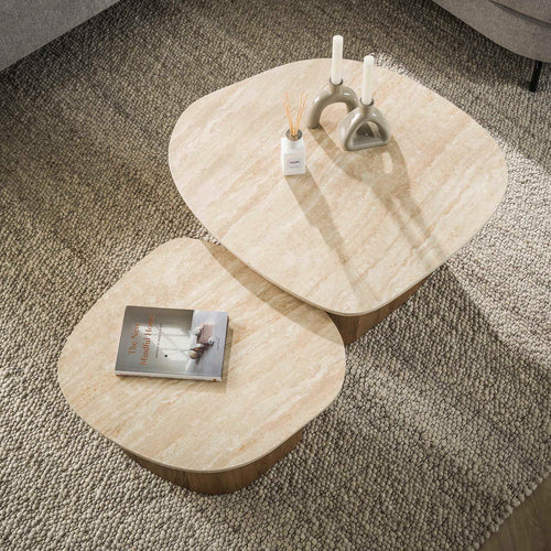 Giga Meubel Salontafel Romano - Kiezelvormig - Travertinlook - Set Van 2
