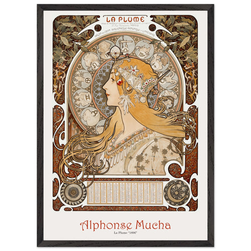 Artfulprints Poster met Lijst Alphonse Mucha - La plume   - 50x70 cm - Bruin