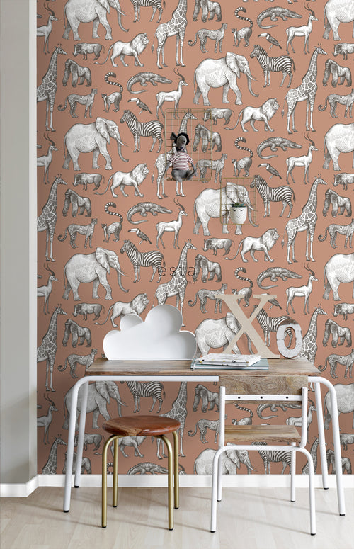 ESTAhome behang jungle dieren terracotta - 50 x 900 cm - 139512