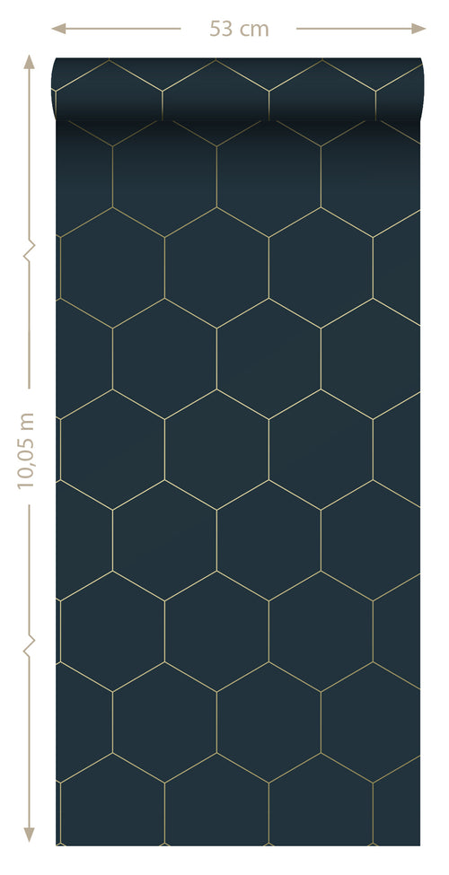 ESTAhome behang hexagon donkerblauw en goud - 53 cm x 10.05 m - 139237