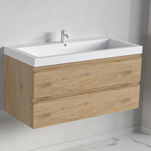 LOMAZOO badmeubelset Avalon - met hoge kast & witte wastafel - licht eiken - 100 cm