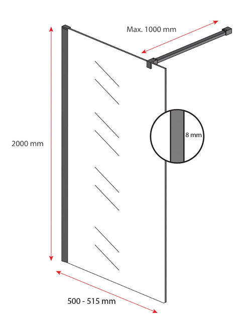 Badplaats Douchewand Rizani 50 x 200 cm – Zwart – Rookglas Inloopdouche 8 mm Veiligheidsglas