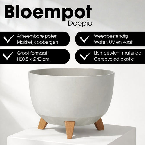 Mica Decorations Doppio Plantenbak op Poten - 20,5 x Ø40 cm - Plantenbakken voor Buiten - Bloembakken voor Balkon - Gerecycled Plastic - Grijs