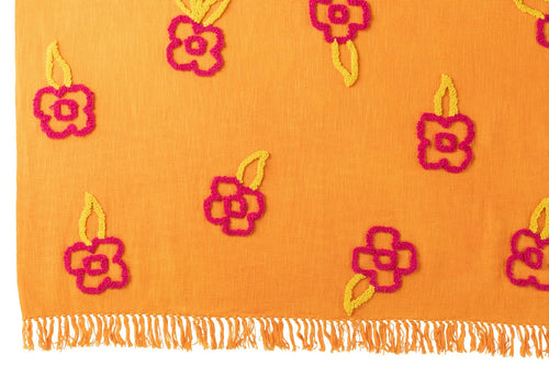 J-Line plaid Bloemen - katoen - oranje/roze/geel - 130 x 180 cm