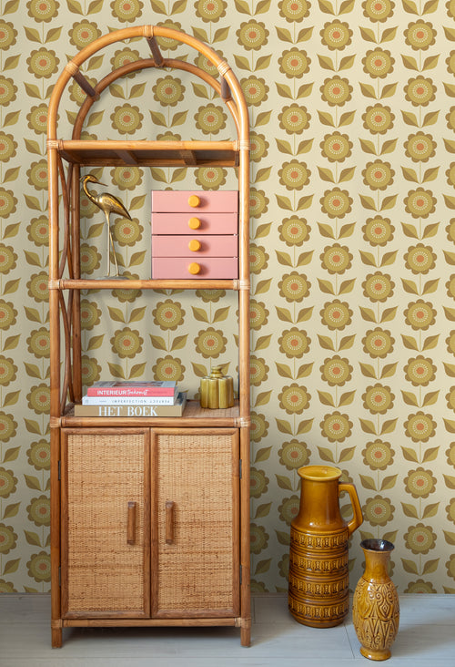 ESTAhome behang bloemen olijfgroen en okergeel - 50 x 900 cm - 130978 - vtwonen shop