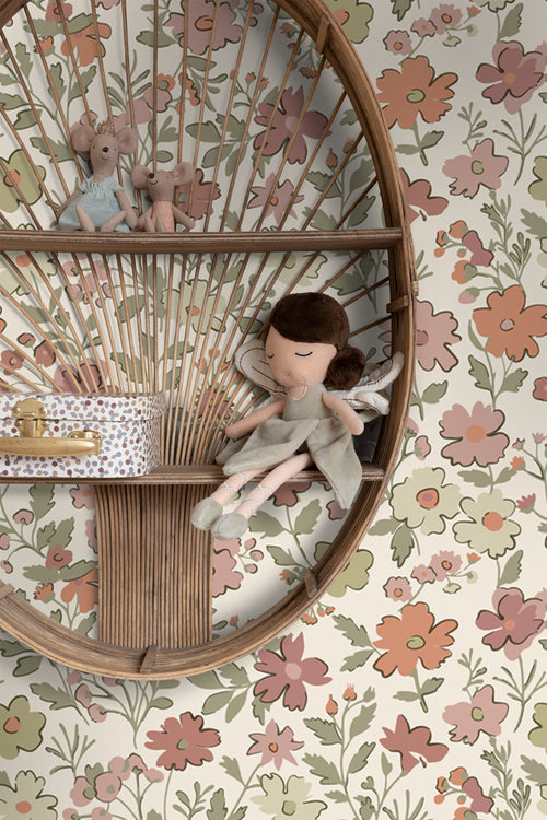 ESTAhome behang bloemetjes terracotta, groen en wit - 50 x 900 cm - 131324 - vtwonen shop