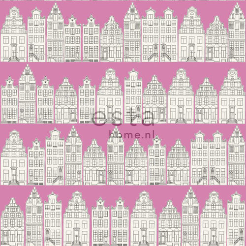 ESTAhome behang Amsterdamse huizen roze - 53 cm x 10,05 m - 137714 - vtwonen shop