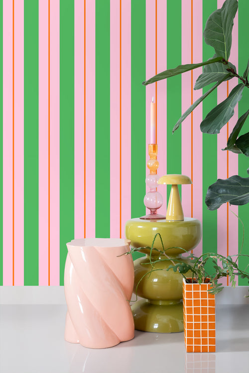 ESTAhome behang strepen groen en roze - 50 x 900 cm - 131679