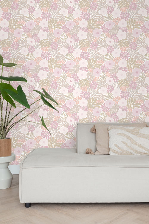 ESTAhome behang bloemen in Matisse stijl lichtpaars, groen en oranje - 53 cm x 10.05 m - 131002