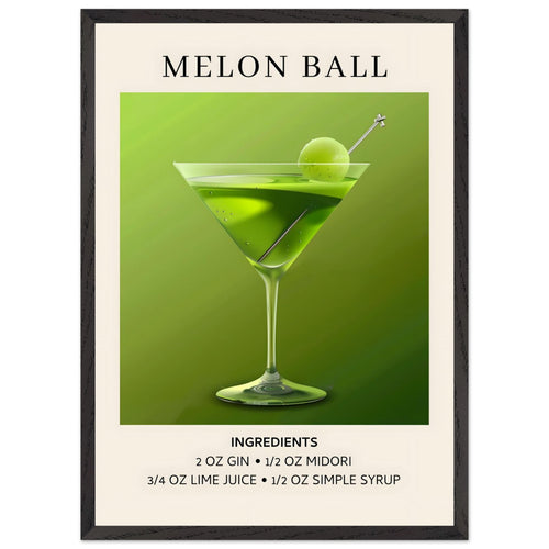 Artfulprints Poster met Lijst Melon Ball cocktail - Ingrediënten   - 50x70 cm - Groen