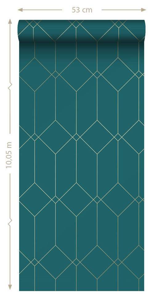 ESTAhome behang art deco motief goud, groen en blauw - 53 cm x 10.05 m - 139224