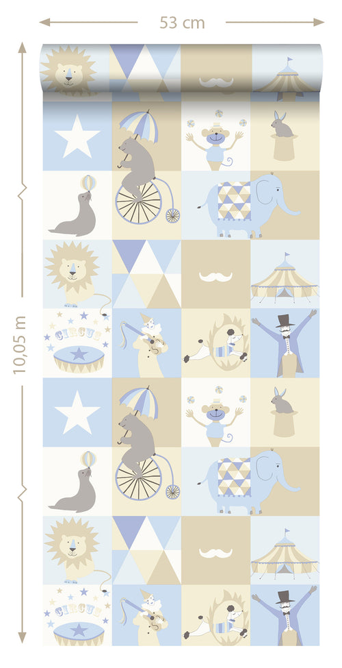 ESTAhome behang circus figuren lichtblauw, beige en wit - 53 cm x 10.05 m - 138710