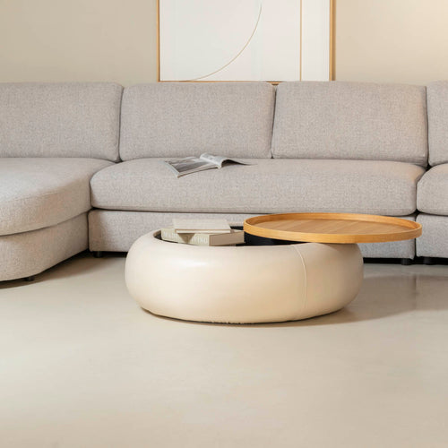 DÉJA Living Salontafel Draby - Beige/Naturel - PU Leer - Ø102x34cm