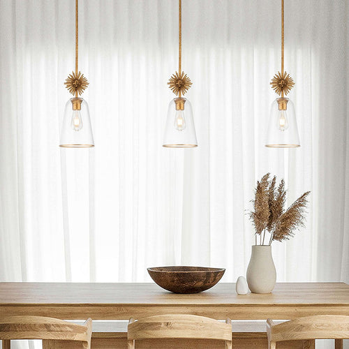 Schlanke Pendelleuchte, modernes Antik-Gold, 1 x E27, klarer Schirm