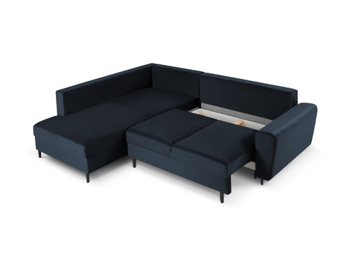 Cosmopolitan Design Uitklapbare hoekbank links met opbergdoos Kyoto 5-zits, flueel, donkerblauw - 194x243x88cm
