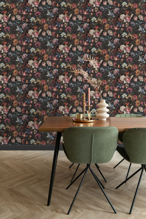 ESTAhome behang bloemen donkergrijs - 53 cm x 10.05 m - 139172
