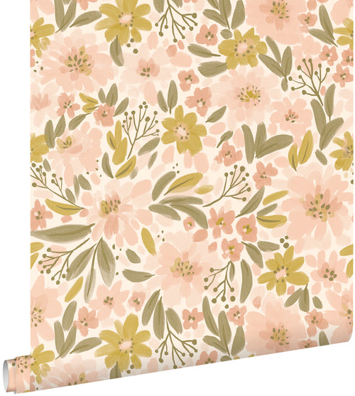 ESTAhome behang bloemen zacht roze, okergeel en vergrijsd groen - 50 x 900 cm - 130924 - vtwonen shop