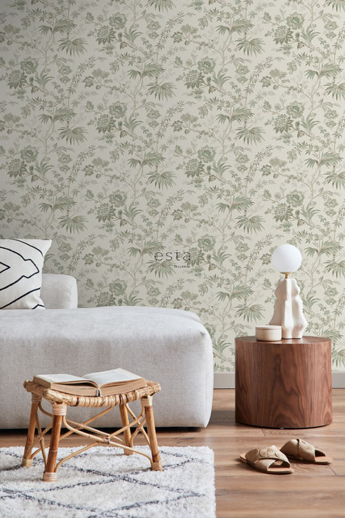 ESTAhome behang vintage bloemen crème en vergrijsd groen - 53 cm x 10.05 m - 139400