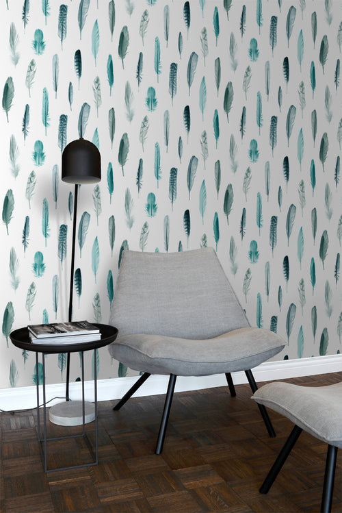 ESTAhome behang veren turquoise en mat wit - 53 cm x 10.05 m - 138895