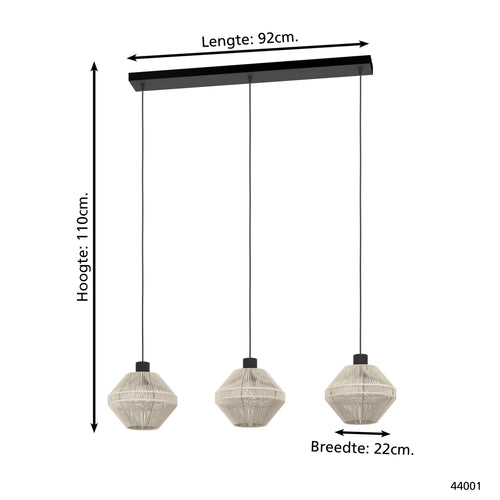 EGLO hanglamp Midsumer - 3 x e27 - 92 cm - zwart/crème - textiel - vtwonen shop