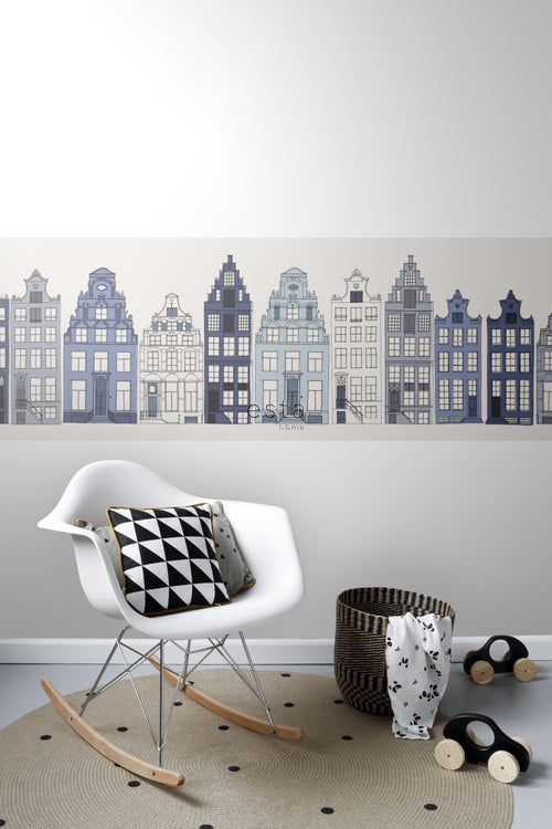ESTAhome XXL behangrand Amsterdamse huizen blauw - 430 x 50 cm - 157713