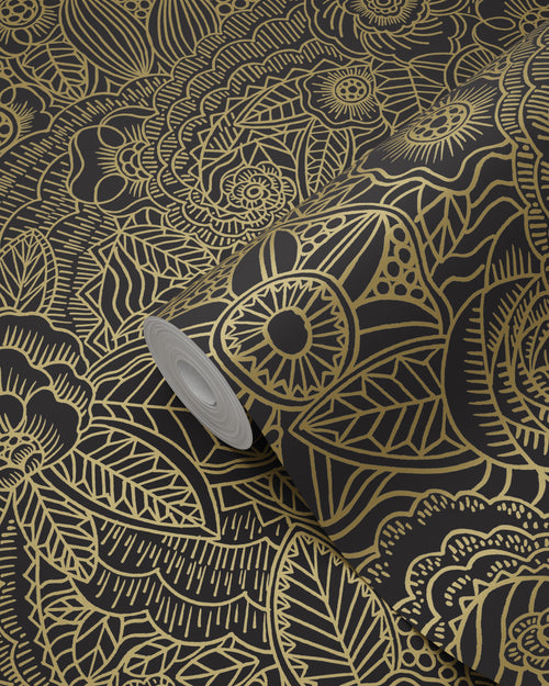 ESTAhome behang bloemtekeningen zwart en goud - 53 cm x 10.05 m - 139563