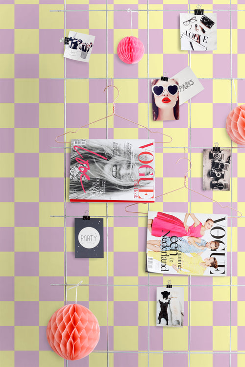 ESTAhome behang geblokt motief lila paars en geel - 53 cm x 10.05 m - 131134 - vtwonen shop