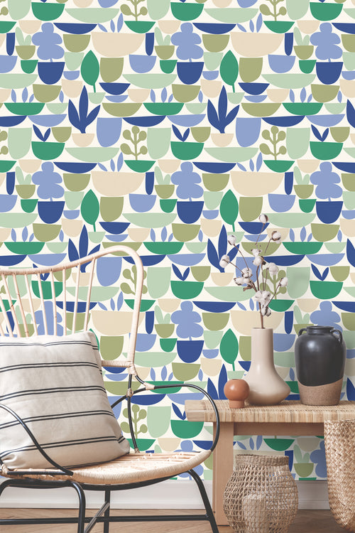 ESTAhome behang aardewerk en planten blauw en groen - 50 x 900 cm - 131076 - vtwonen shop