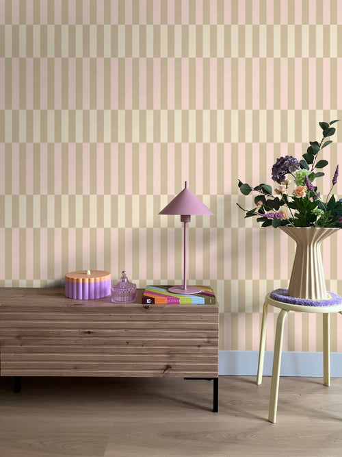 ESTAhome behang linnen-look strepen lichtgroen en licht roze - 50 x 900 cm - 132251