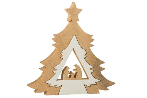 J-Line decoratie Kerststal In Boom + Ster - hout - wit/naturel