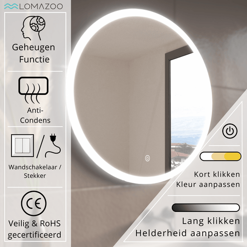 LOMAZOO badkamerspiegel Oslo - met LED verlichting & spiegelverwarming - rond - 80 cm