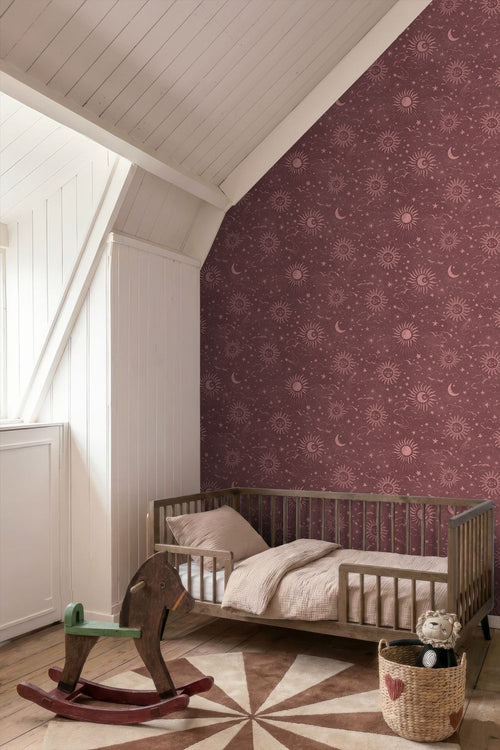ESTAhome behang sterrenhemel bordeaux rood - 50 x 900 cm - 132083