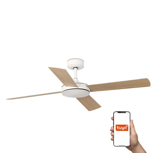 Faro Mallorca Grote plafondventilator met 4 bladen, matwit, esdoorn, Tuya Smart System