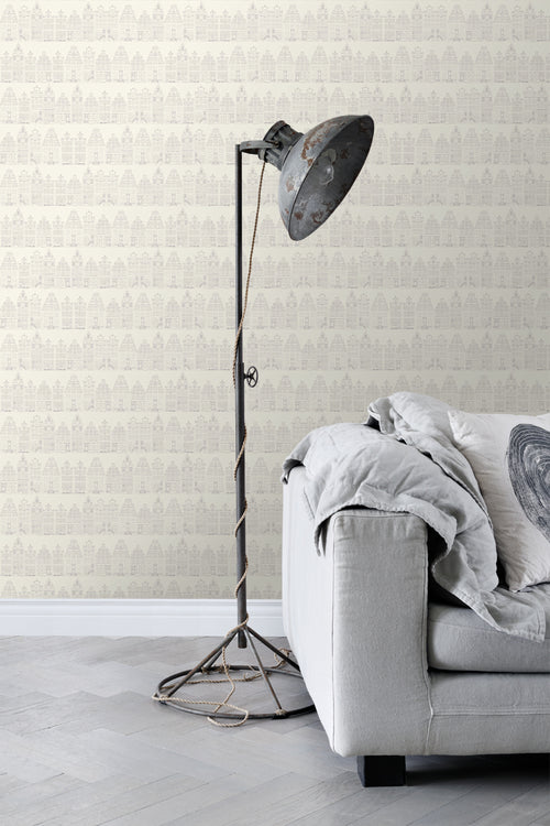 ESTAhome behang Amsterdamse huizen zilver - 53 cm x 10.05 m - 137716