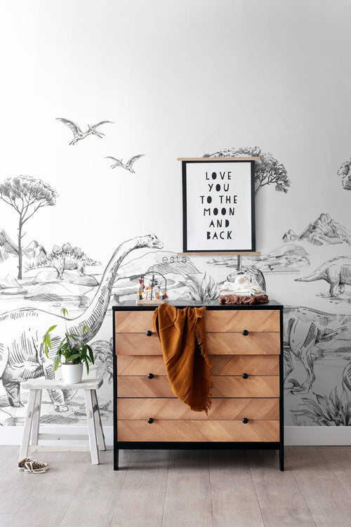 ESTAhome fotobehang dinosaurussen zwart wit - 300 x 279 cm - 159063
