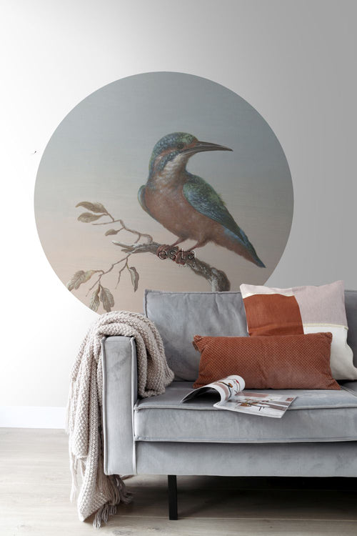 ESTAhome zelfklevende behangcirkel ijsvogel op tak avondrood - Ø 140 cm - 159017 - vtwonen shop