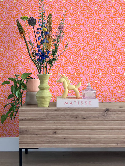 ESTAhome behang madeliefjes roze, oranje en geel - 50 x 900 cm - 131815